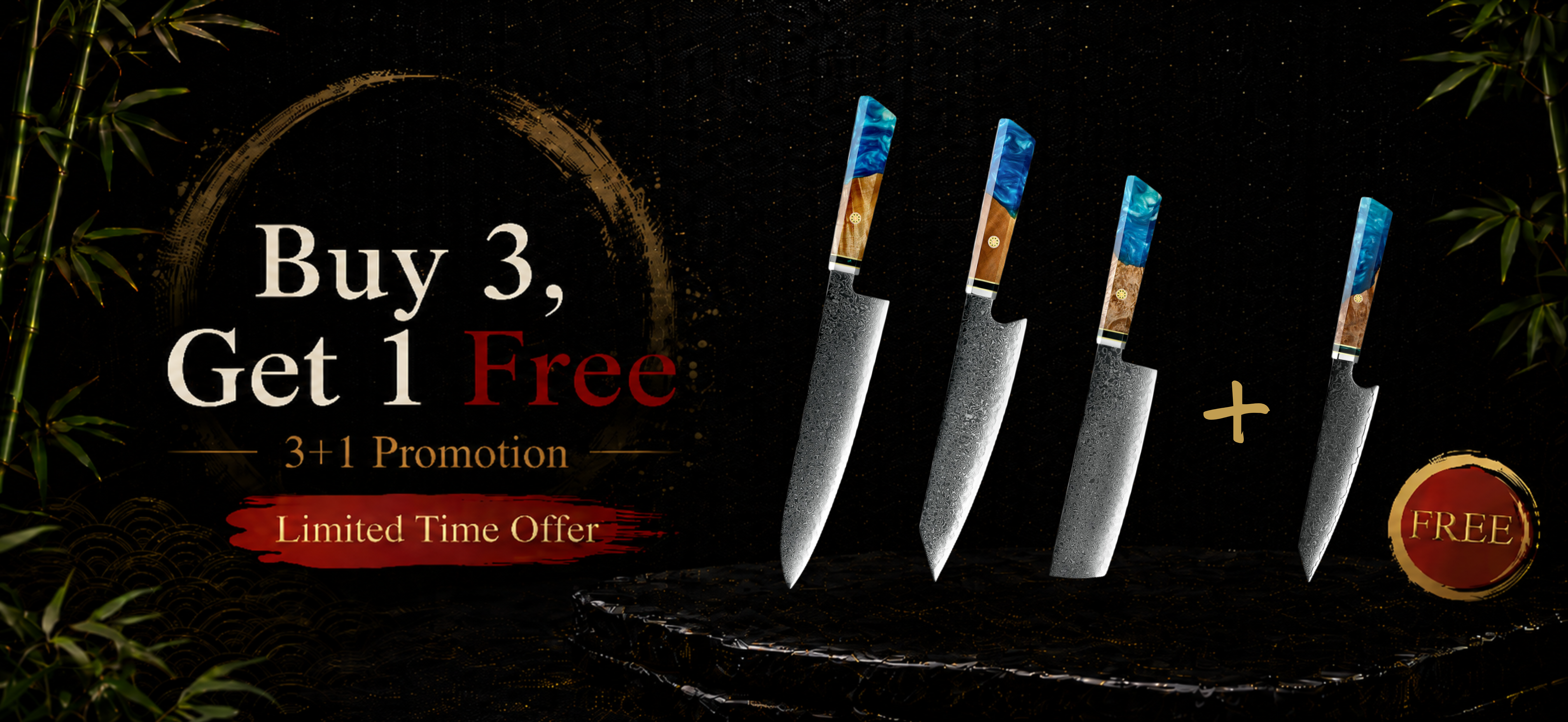 Promotional banner for a knife set with 'Buy 3, Get 1 Free' offer on a dark background.